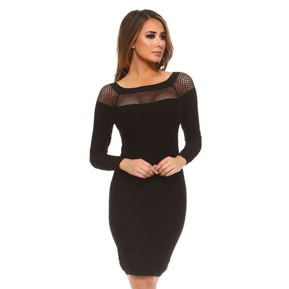 Black Long Sleeve Netted Neckline Dress - Picture 2 of 8